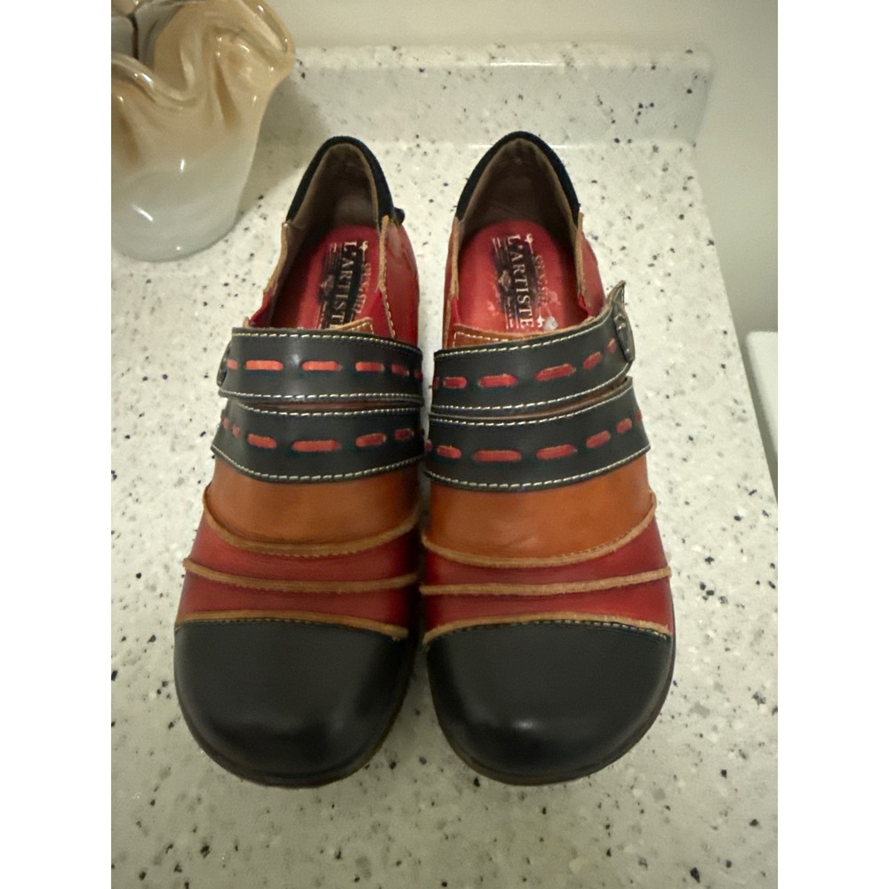 Spring Step LArtiste Sherbet Multi Color Leather Clogs Shoes Women 37 Red Orange